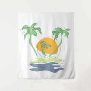 Tropical island beach scenery. Outline palm tree Tapestry