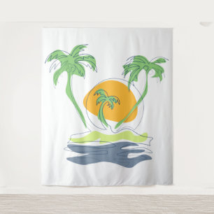 Tropical island beach scenery. Outline palm tree Tapestry