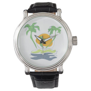 Tropical island beach scenery. Outline palm tree Watch