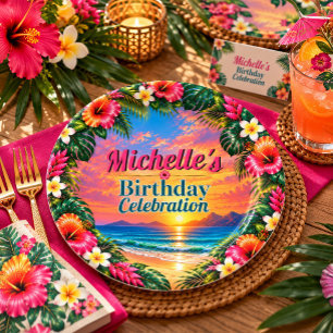 Tropical Island Beach Sunset Birthday Paper Plate
