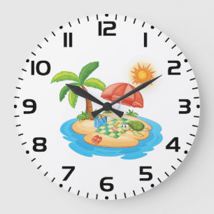 Tropical Island Beach Turtle Palm Tree Picnic Large Clock
