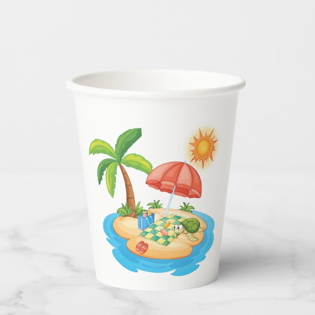 Tropical Island Beach Turtle Palm Tree Picnic Paper Cups (Front)