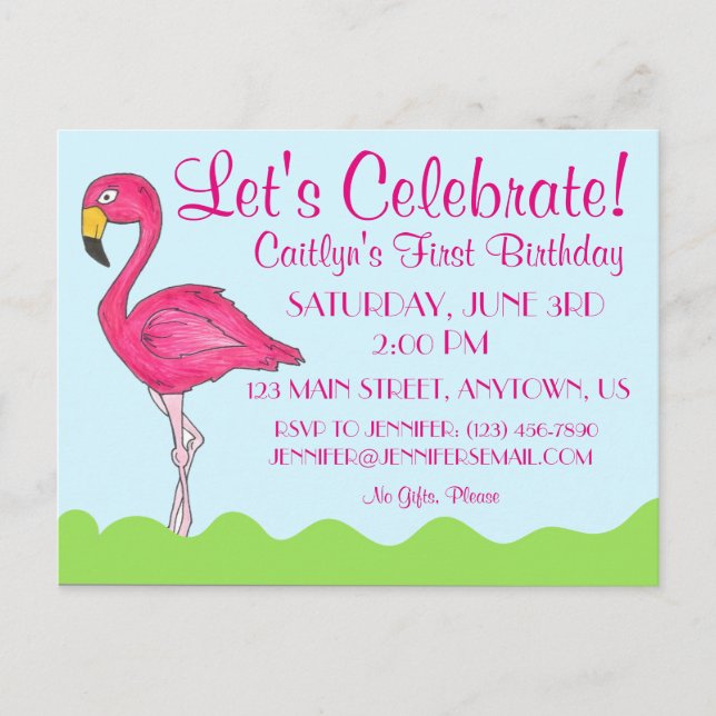 Tropical Island Bird Pink Flamingo Birthday Party Invitation Postcard (Front)
