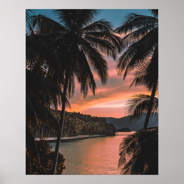 Tropical Island Evening Palm Tree Sunset Poster (Front)