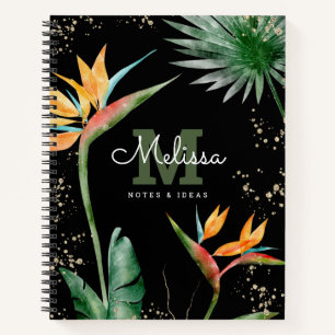 Tropical Island Floral Black Gold Monogram Script  Notebook