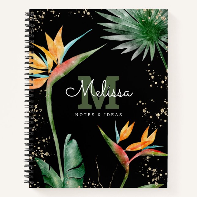 Tropical Island Floral Black Gold Monogram Script  Notebook (Front)
