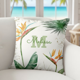 Tropical Island Floral Monogram Gold White Script Cushion