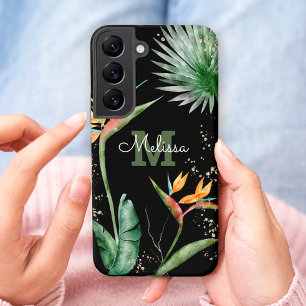 Tropical Island Floral Monogram Script Gold Black Samsung Galaxy Case