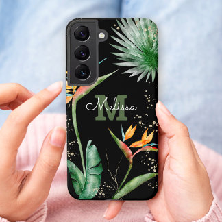 Tropical Island Floral Monogram Script Gold Black Samsung Galaxy Case