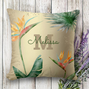 Tropical Island Floral Monogram Script Gold Foil  Cushion