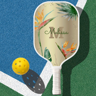 Tropical Island Floral Monogram Script Gold Foil Pickleball Paddle