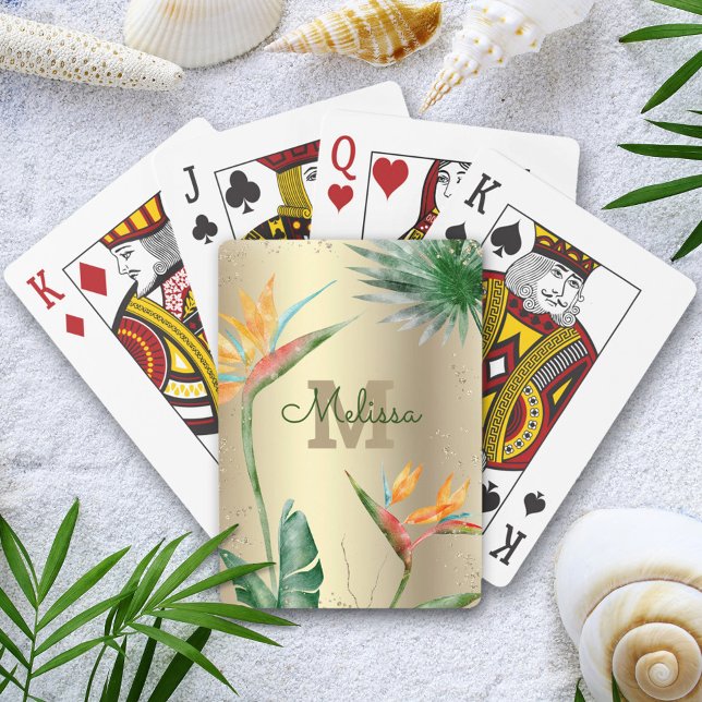 Tropical Island Floral Monogram Script Gold Foil Playing Cards (Creator Uploaded)