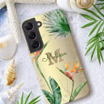 Tropical Island Floral Monogram Script Gold Foil Samsung Galaxy Case<br><div class="desc">Stunning, sophisticated, colourful, tropical watercolor birds of paradise flowers, faux gold glitter, and personalised calligraphy script with a bold monogram initial, overlay a stylish, glam brushed gold foil background on this chic, elegant, modern cell phone case. Personalise with your name and monogram. Makes a fun and stylish statement every time...</div>