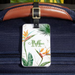 Tropical Island Floral Monogram Script Gold White Luggage Tag<br><div class="desc">Bring a bit of elegant tropical hospitality with you wherever you travel, when you use this chic, modern luggage tag. Stunning, sophisticated, colourful, tropical watercolor birds of paradise flowers, faux gold glitter, and personalised calligraphy script with a bold monogram initial, overlay a stylish, airy white background. Personalise with your name...</div>