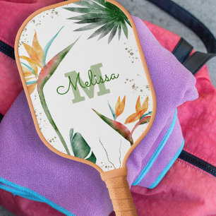 Tropical Island Floral Monogram Script White Gold Pickleball Paddle