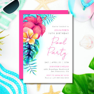 Tropical Island Flowers Pool Party Birthday Invitation