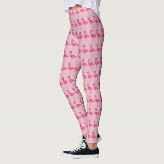 Tropical Island Hot Pink Flamingo Beach Bird Print Leggings (Left)