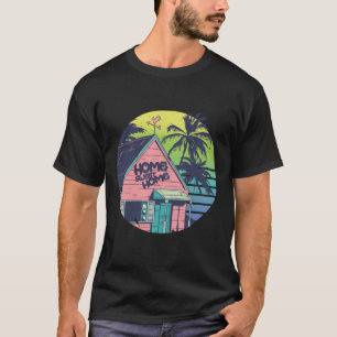 Tropical Island House Retro Sunset Art T-Shirt
