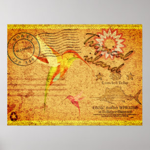 Tropical island hummingbird vintage postcard poster