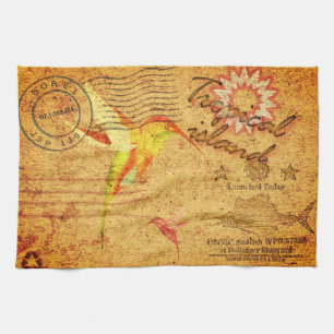 Tropical island hummingbird vintage postcard yello tea towel
