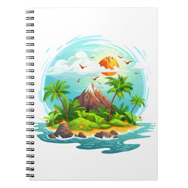 Tropical Island Illustration with Ocean View Notebook (Front)