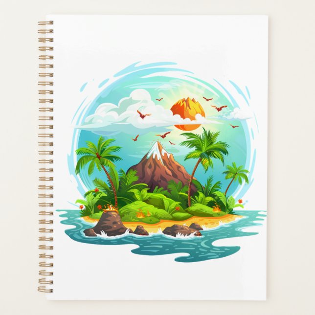 Tropical Island Illustration with Ocean View Planner (Front)