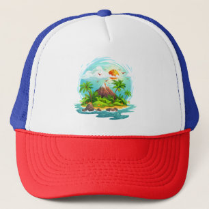Tropical Island Illustration with Ocean View Trucker Hat