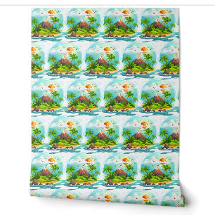 Tropical Island Illustration with Ocean View Wallpaper