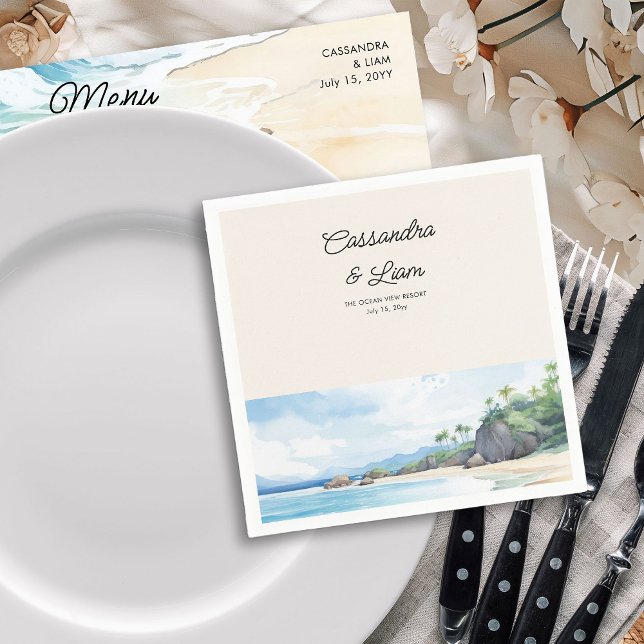 Tropical Island Ocean Beach Wedding Napkin (Rehearsal Dinner or Wedding Cocktail Napkins from Summer Beach Wedding Collection by Darling & May)