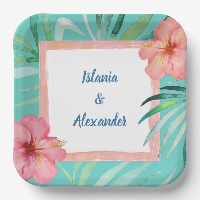 Tropical Island Palm Hibiscus Wedding & Shower Paper Plate (Front)