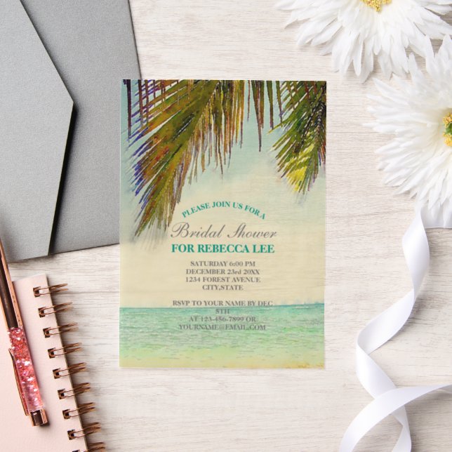 tropical island palm tree beach bridal shower vellum invitations (Wedding)