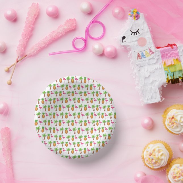 Tropical Island Palm Tree Pineapple Pink Flamingo Paper Plate (Party)