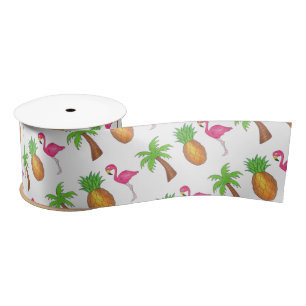 Tropical Island Palm Tree Pineapple Pink Flamingo Satin Ribbon