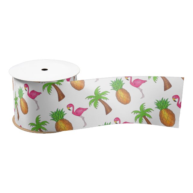 Tropical Island Palm Tree Pineapple Pink Flamingo Satin Ribbon (Spool)