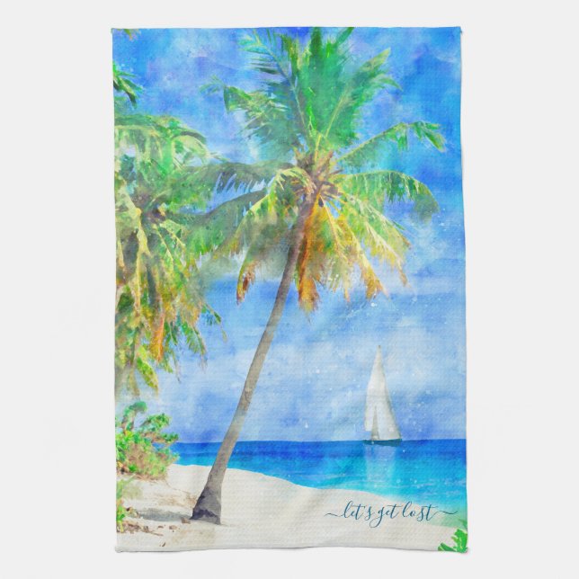 Tropical Island Palm Tree Sailboat Tea Towel (Vertical)