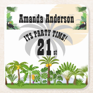 Tropical Island Palm Tree Sunset Square Paper Coaster