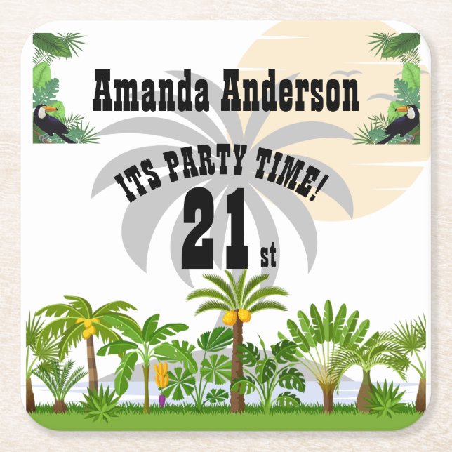 Tropical Island Palm Tree Sunset  Square Paper Coaster (Front)