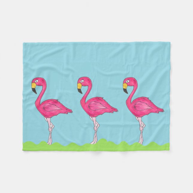 Tropical Island Paradise Green Pink Flamingo Bird Fleece Blanket (Front (Horizontal))