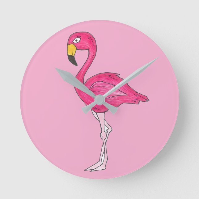 Tropical Island Paradise Hot Pink Flamingo Bird Round Clock (Front)