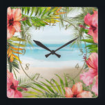 Tropical Island Paradise Palms | Hibiscus Flowers Square Wall Clock<br><div class="desc">Add some island paradise style to your home with this wall clock that features a tropical beach view framed by palm tree leaves and pink and coral hibiscus flowers.</div>