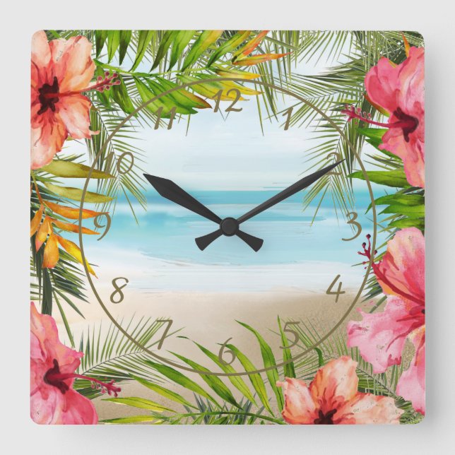 Tropical Island Paradise Palms | Hibiscus Flowers Square Wall Clock (Front)