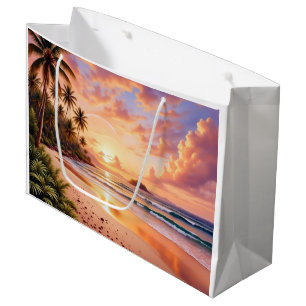 Tropical Island Paradise & Sunset Vibrant Rainbow Large Gift Bag