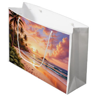 Tropical Island Paradise & Sunset Vibrant Rainbow Large Gift Bag