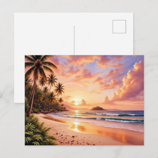 Tropical Island Paradise & Sunset Vibrant Rainbow Postcard