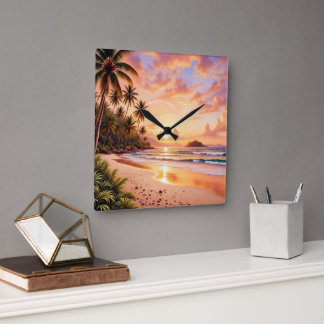 Tropical Island Paradise & Sunset Vibrant Rainbow Square Wall Clock