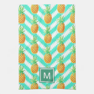 Tropical Island Pineapples & Chevrons Monogram Tea Towel