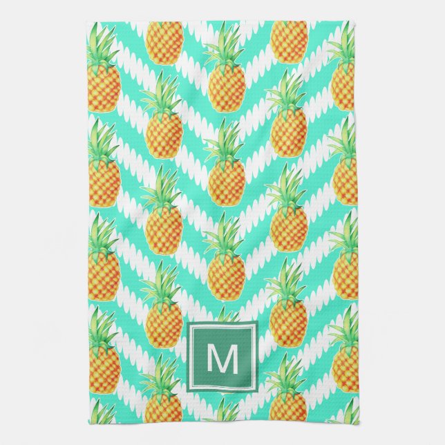 Tropical Island Pineapples & Chevrons | Monogram Tea Towel (Vertical)