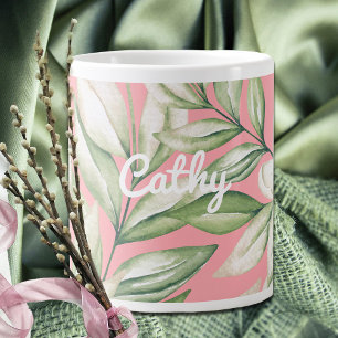 Tropical Island Pink, Blush, Green Floral  Large Coffee Mug