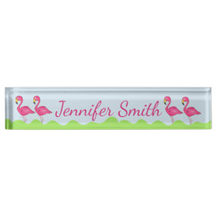 Tropical Island Pink Flamingo Bird Green Grass Nameplate