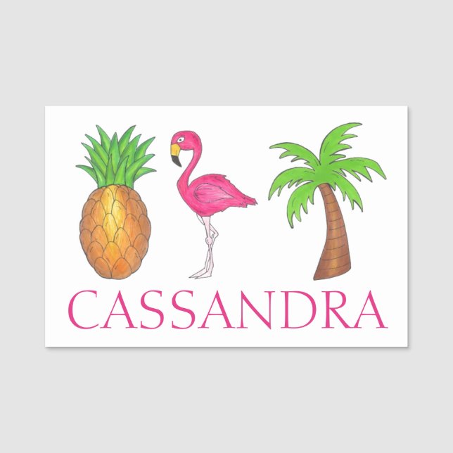 Tropical Island Pink Flamingo Palm Tree Pineapple Name Tag (Front)